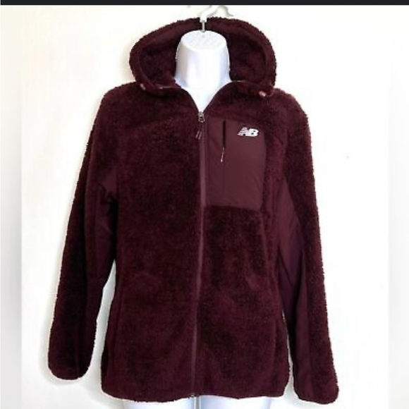 New Balance Full Zip Faux Fur Long Sleeve Fleece Jacket Burgundy Red Small - Picture 1 of 10